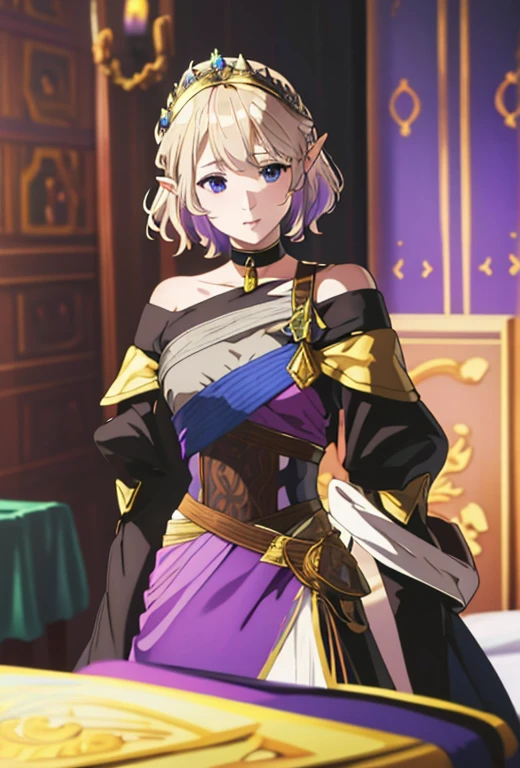 Masterpiece , solo , 1female , young , princess , short blonde hair with brown ombré hair , short pointy ears , blue eyes , pale skin , black and dark purple princess gown with gold accents , off the shoulder sleeves , long sleeves , silver crown , castle background , soft smile expression , choker around neck , surrounded by lavender flowers
