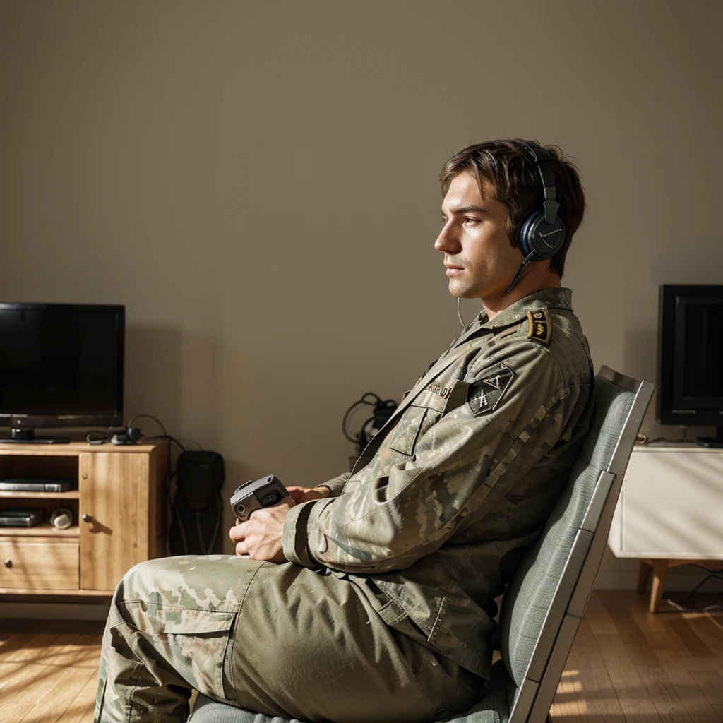 war soldier listening to music on headphones sitting looking at television