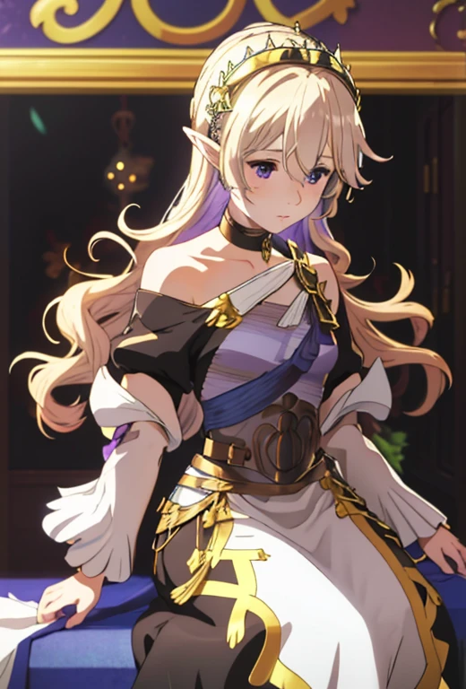 Masterpiece , solo , 1female , young  , princess , short blonde hair with brown ombré hair , short pointy ears , blue eyes , pale skin , black and dark purple princess gown with gold accents , off the shoulder sleeves , long sleeves , silver crown ,   castle background , soft smile expression , choker around neck , surrounded by lavender flowers