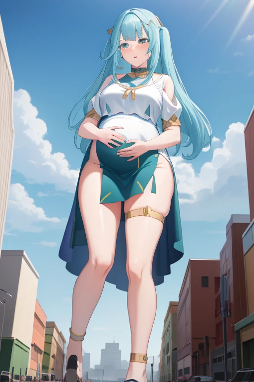 Giant maiden,Moe two-dimensional style,Pregnancy status,Round belly,Gaze at the bustling city, Lying down, Burp, Burping, Really loud burp, Growling belly, Belly noises, Embarrassed, Full body
