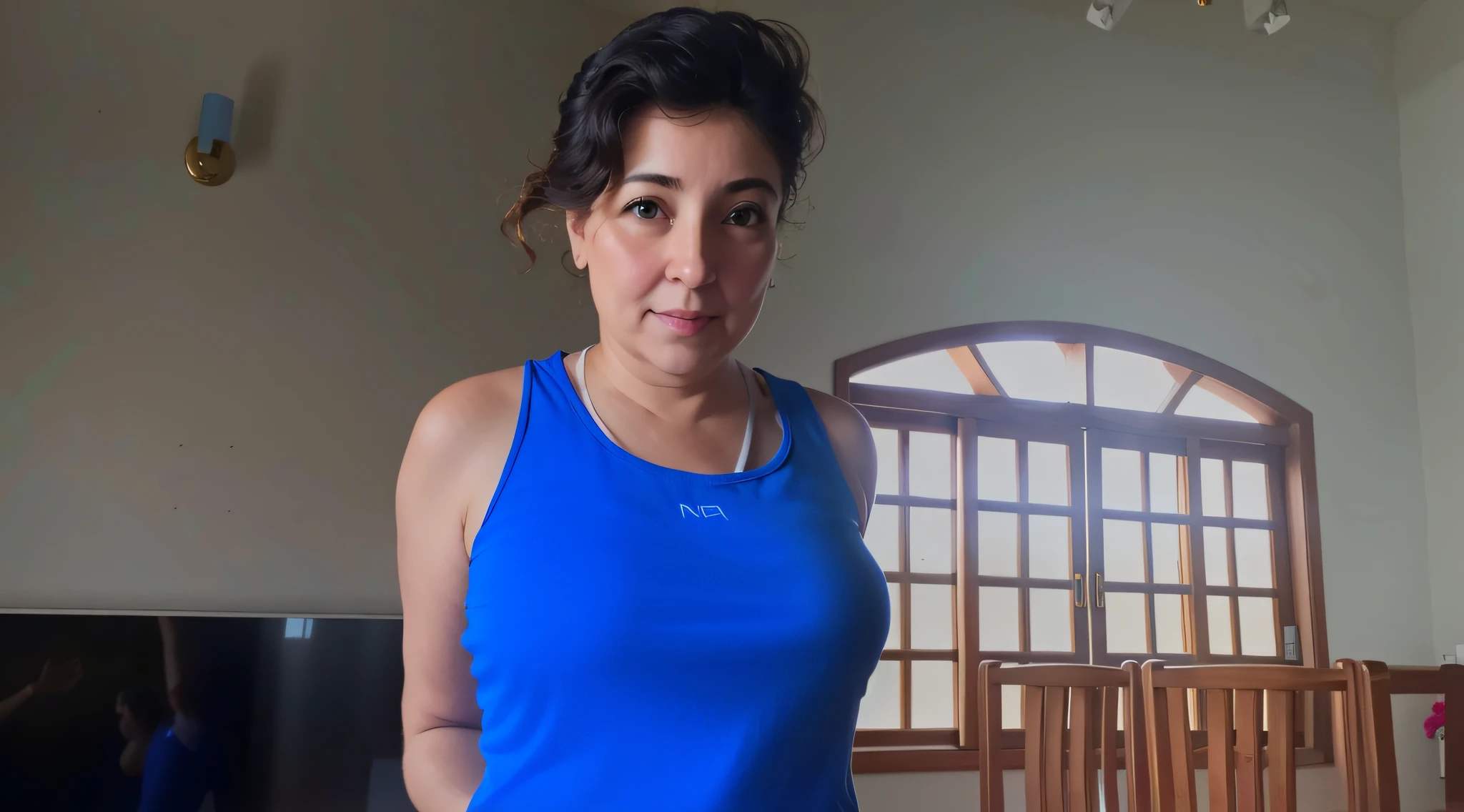 there a woman standing in a room with a cake, tshirt azul apertada, suado 4 k, usando vestido azul, wearing a plastic blue dress, usando uma camiseta regata, usando camiseta regata, usando um vestido azul, 35 year brazilian mother, usando uma camisola, Mulher de 30 anos, she's facing the camera