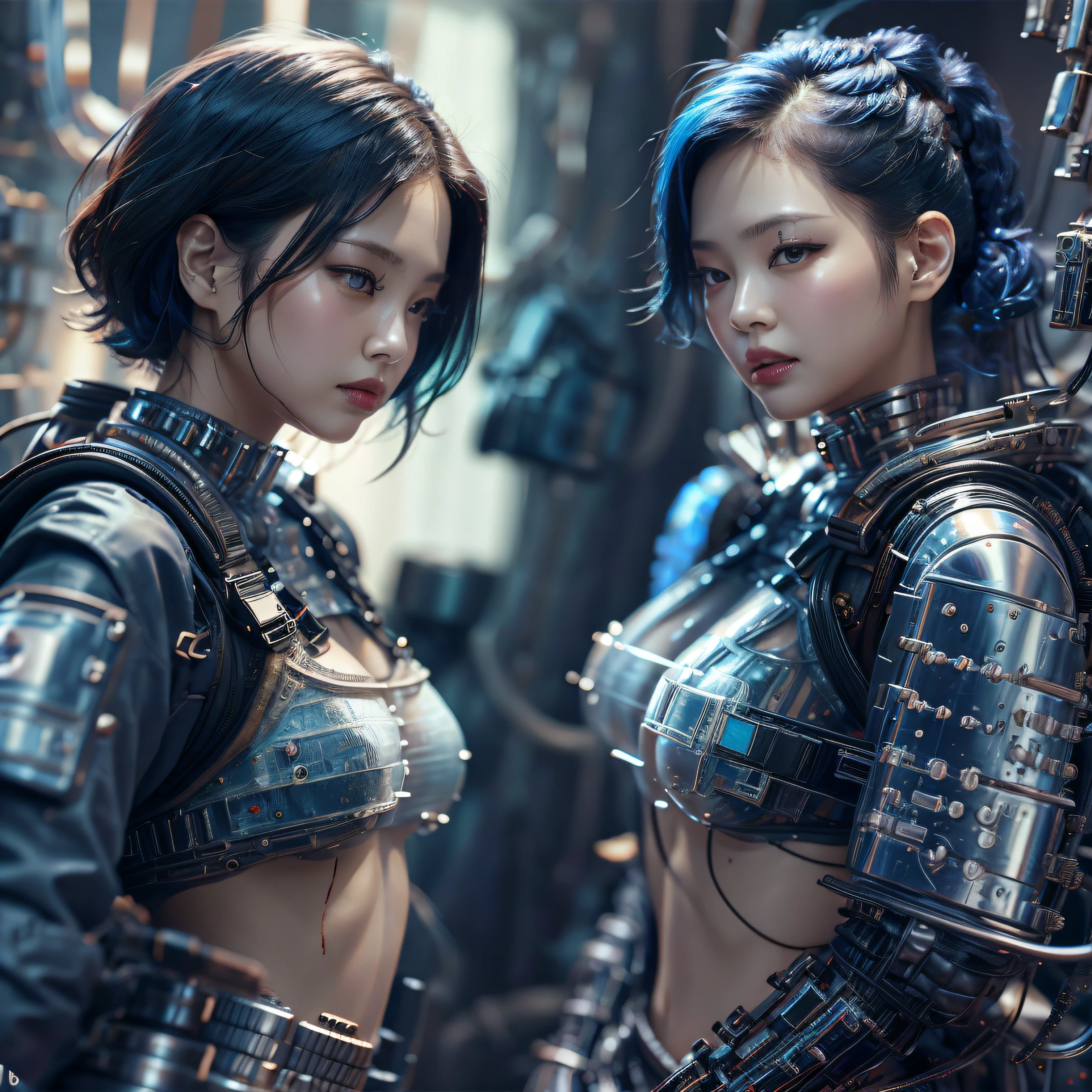 bright eyes, super detailed, black short hair, blood and wounds, stab wounds on body, dirty clothes, Jennie Kim, 30 yrs old girl, cyberpunk suit, blue hair, side view post,