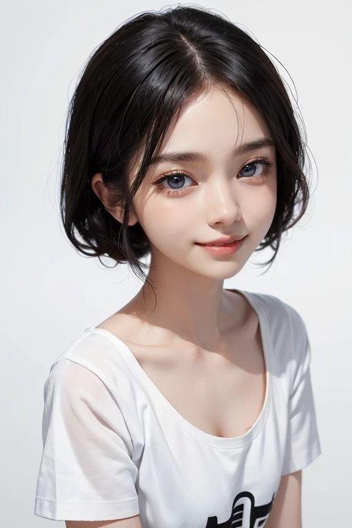 Burn-up, masterpiece , Best Quality . petite girl , White background , Delicate and beautiful eyes , Eye makeup , Black hair , Black eyes , light grin smile , white t-shirt , portrait of a