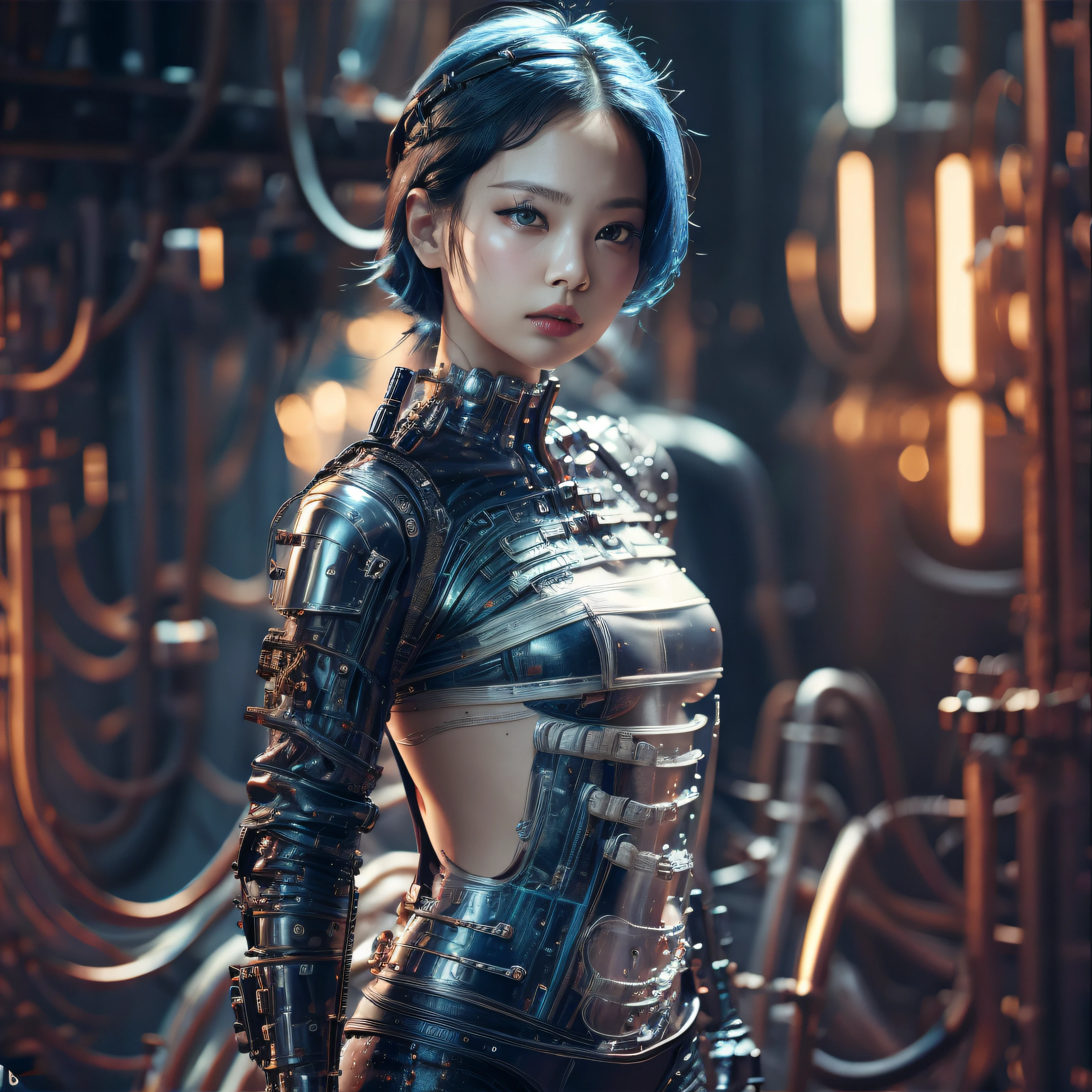 bright eyes,  super detailed, black short hair, blood and wounds, stab wounds on body, dirty clothes, Jennie Kim, 30 yrs old girl, cyberpunk suit, blue hair, side view post,