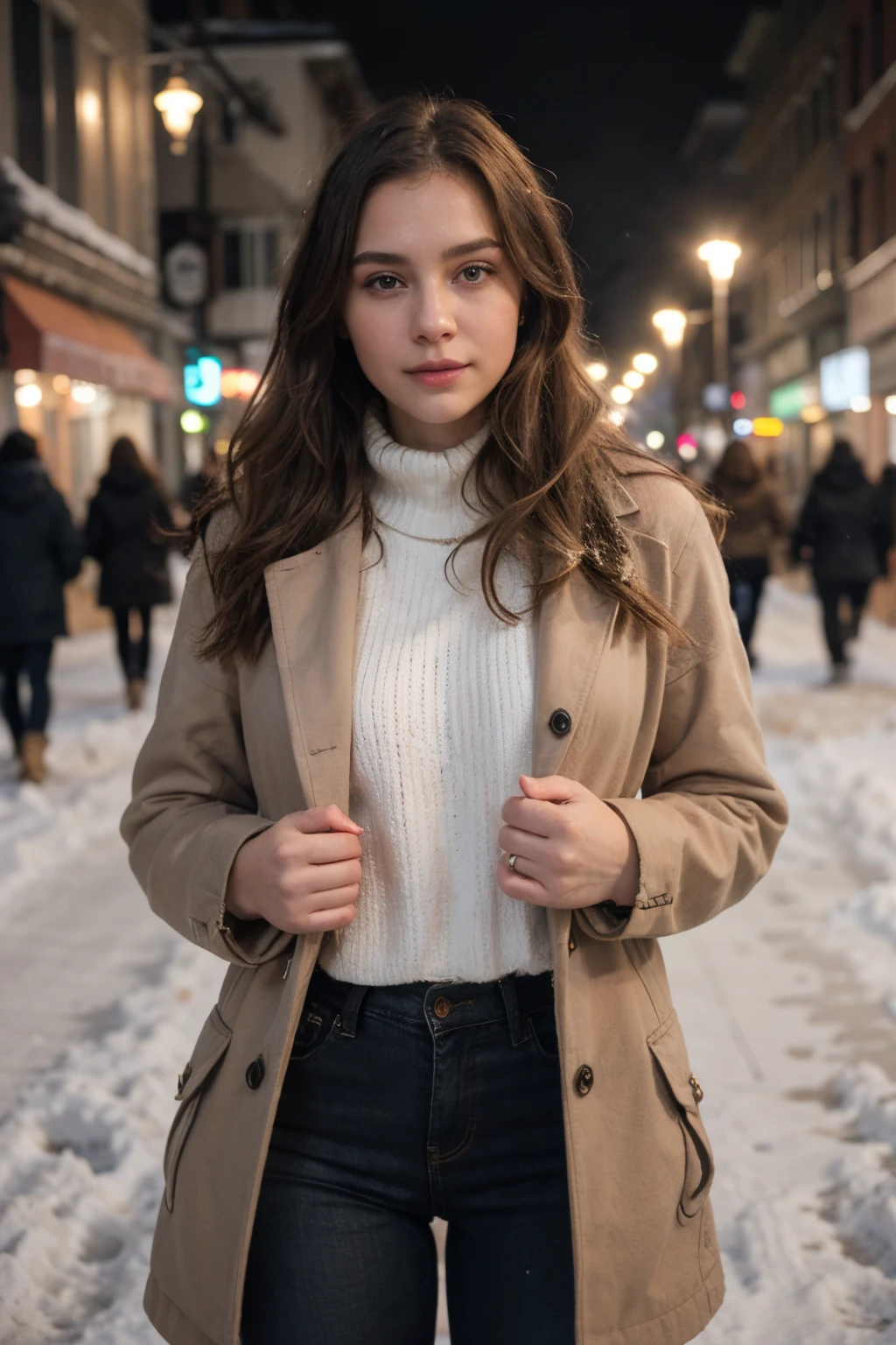 professional portrait photograph of a gorgeous Norwegian girl in winter clothing with long wavy blonde hair, sultry flirty look, gorgeous symmetrical face, cute natural makeup, wearing elegant warm winter fashion clothing, ((standing outside in snowy city street)), stunning modern urban environment, ultra realistic, concept art, elegant, highly detailed, intricate, sharp focus, depth of field, f/1. 8, 85mm, medium shot, mid shot, (((professionally color graded))), bright soft diffused light, (volumetric fog), trending on instagram, hdr 4k, 8k