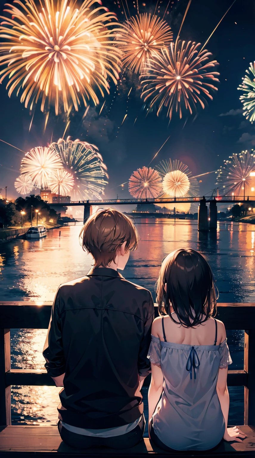 A man and a woman couple watching fireworks from the top of the bank along the river