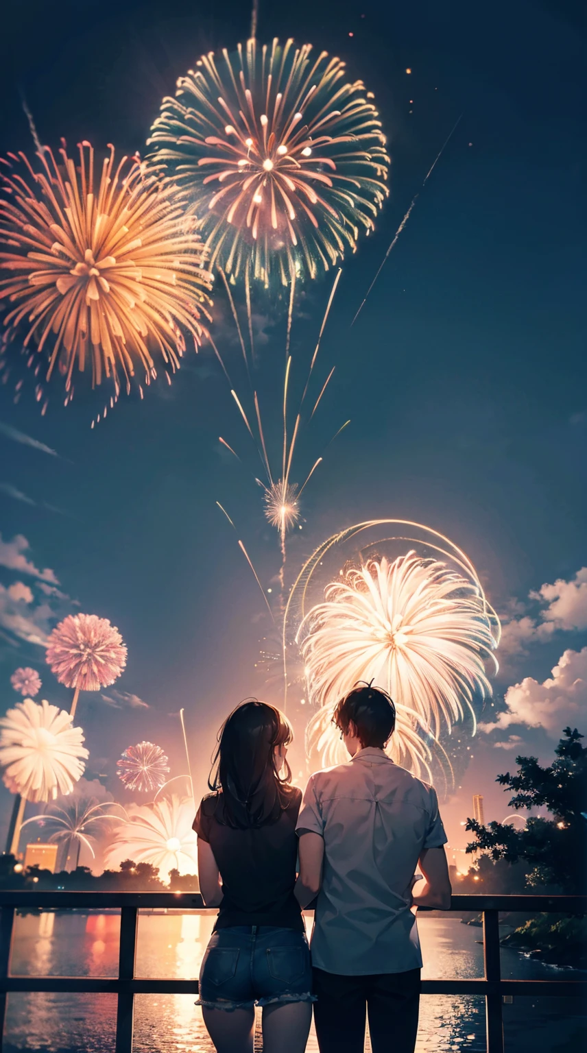 A man and a woman couple watching fireworks from the top of the bank along the river