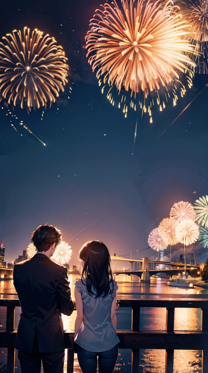 A man and a woman couple watching fireworks from the top of the bank along the river