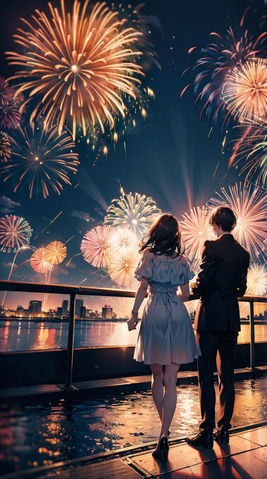 A man and a woman couple watching fireworks from the top of the bank along the river