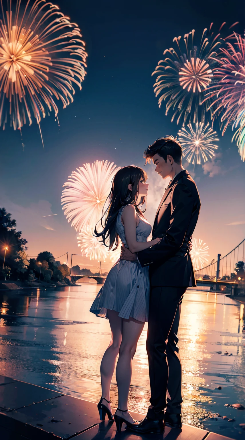 A man and a woman couple watching fireworks from the top of the bank along the river