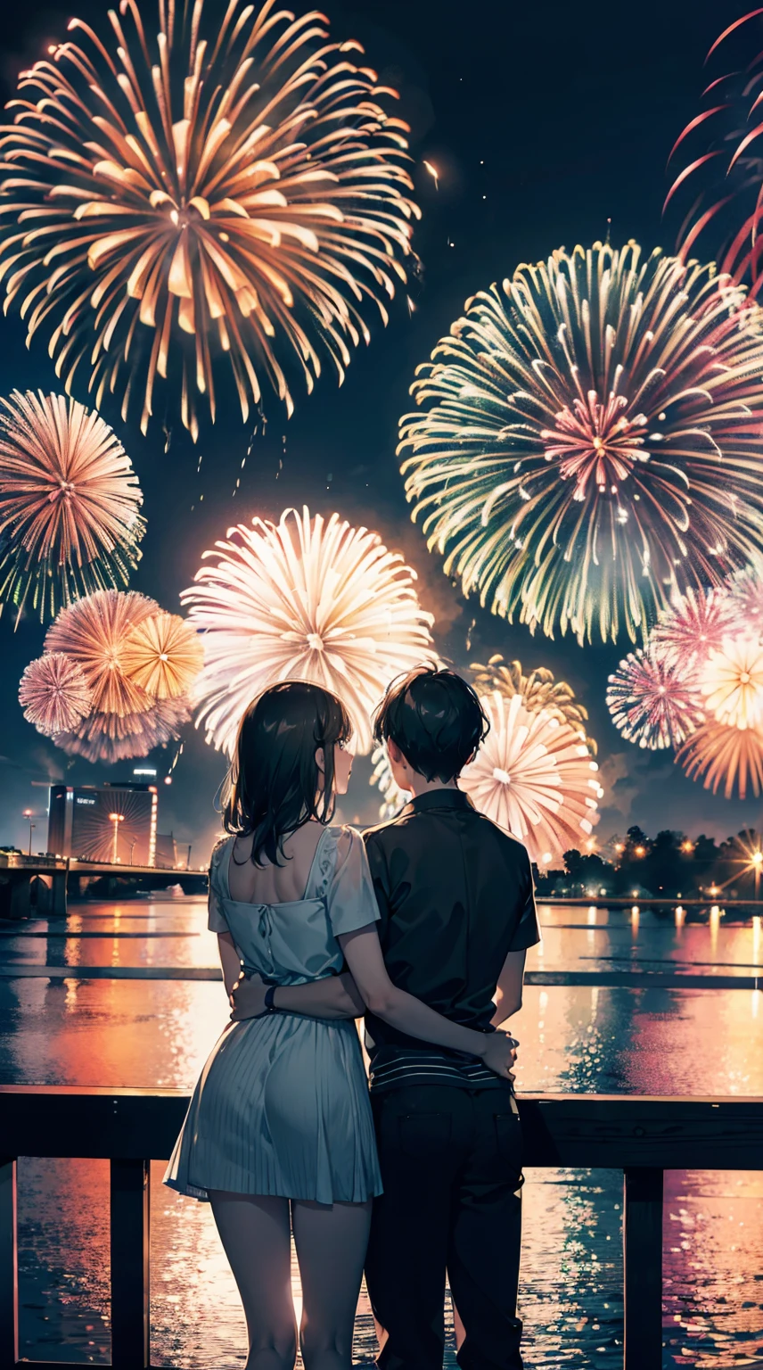 A man and a woman couple watching fireworks from the top of the bank along the river