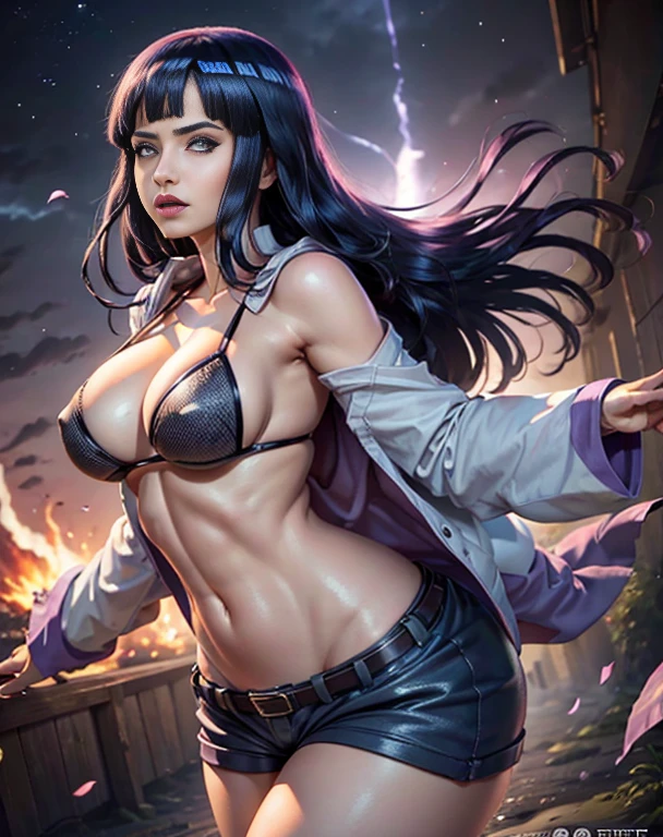 arafed woman with purple hair posing in front of a lightning, a portrait inspired by Rob Liefeld, trending on Artstation, fantasy art, bodybuilder superhero bikini, unclad against the storm, feminine and muscular, muscular warrior women, strong and imposing, muscular ultraviolent woman, muscular girl, muscled, the super hot and sexy, thunder storm