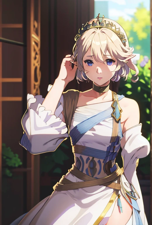Masterpiece , solo , 1female , young , princess , short blonde hair with brown ombré hair , short pointy ears , blue eyes , pale skin , princess gown , off the shoulder sleeves , long sleeves , silver crown , castle background , soft smile expression , choker around neck , surrounded by lavender flowers