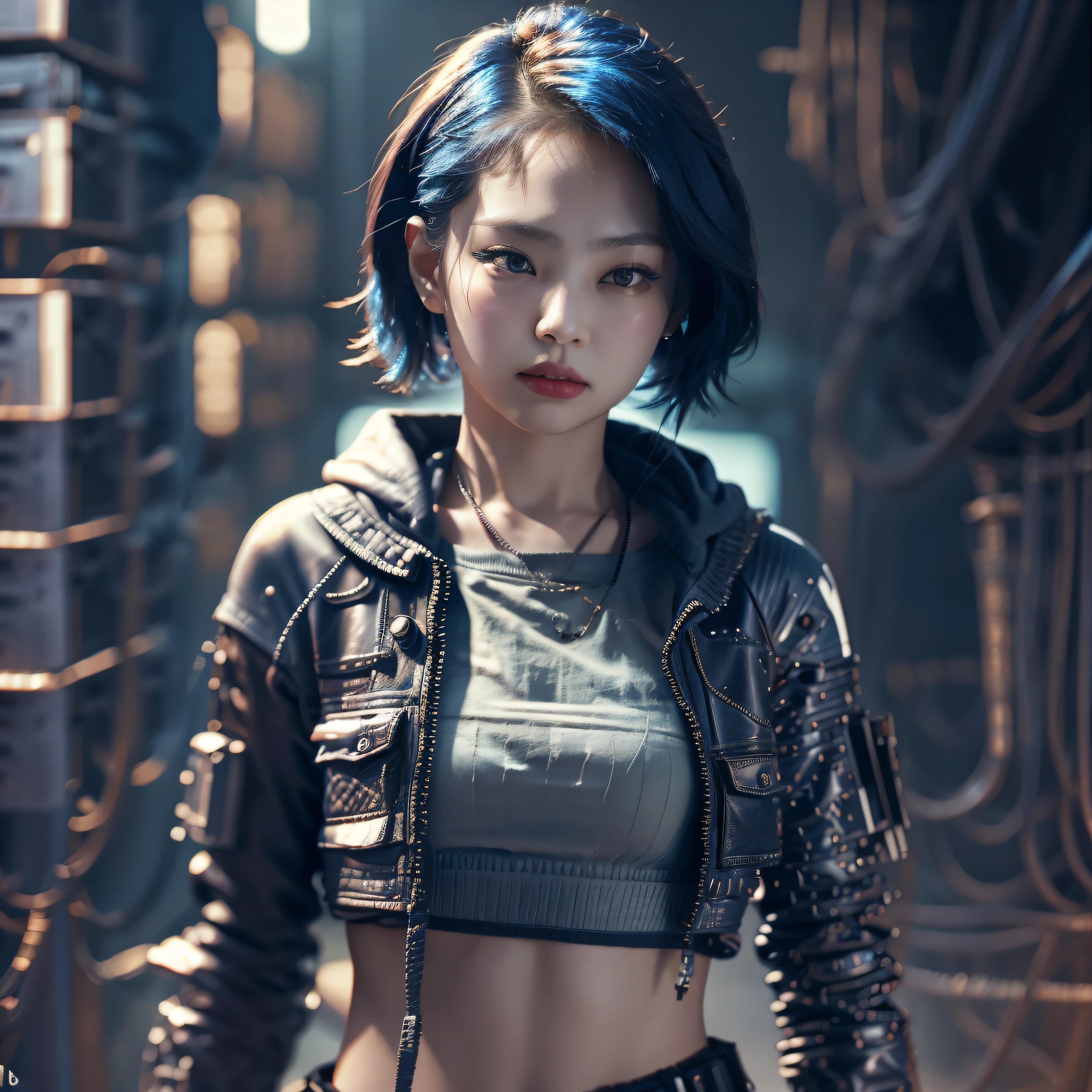 bright eyes,  super detailed, black short hair, blood and wounds, stab wounds on body, dirty clothes, Jennie Kim, 30 yrs old girl, cyberpunk suit, blue hair, side view post,