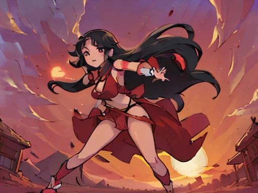 ((perfect asian girl)) ((very long black hair)) full body, dancing in the desert, wearing only a red princess jasmin outfit as the sun sets (red sunset)
