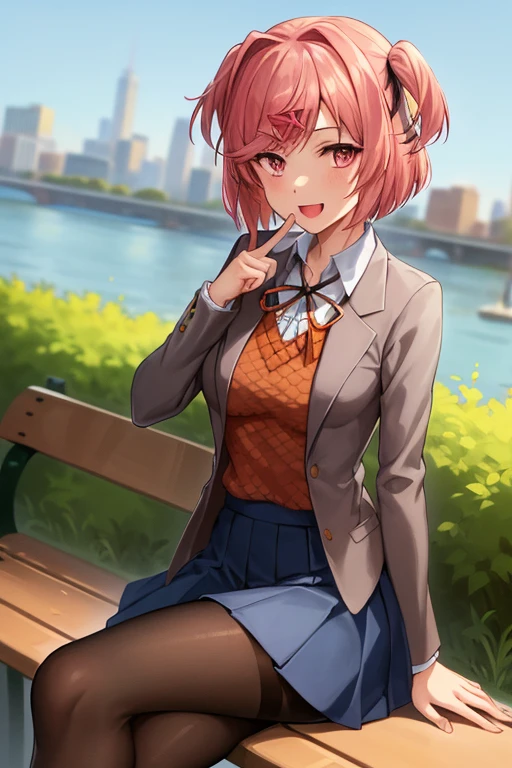 2d, masterpiece, best quality, anime, highly detailed, cowboy shot, 1girl, solo, natsuki, pink eyes, two side up, hair ornament, short hair, blazer, brown sweater, collared shirt, neck ribbon, blue skirt, looking at viewer, street city background. ((black pantyhose)), :d, ((view bellow:1.4)), ((sitting on bench)), crossed legs, school shoes, ((finger on moutch))
