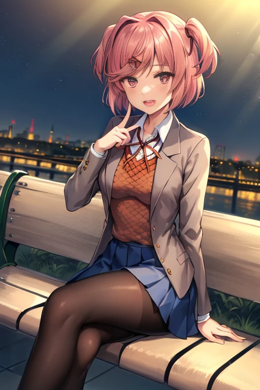 2d, masterpiece, best quality, anime, highly detailed, cowboy shot, 1girl, solo, natsuki, pink eyes, two side up, hair ornament, short hair, blazer, brown sweater, collared shirt, neck ribbon, blue skirt,   looking at viewer, street city background. ((black pantyhose)), :d, ((view bellow:1.4)), ((sitting on bench)), crossed legs, school shoes, ((finger on moutch))