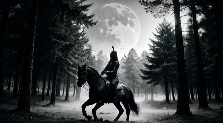 dark gloomy forest background with moon and knight riding on a horse, foggy, black and white.