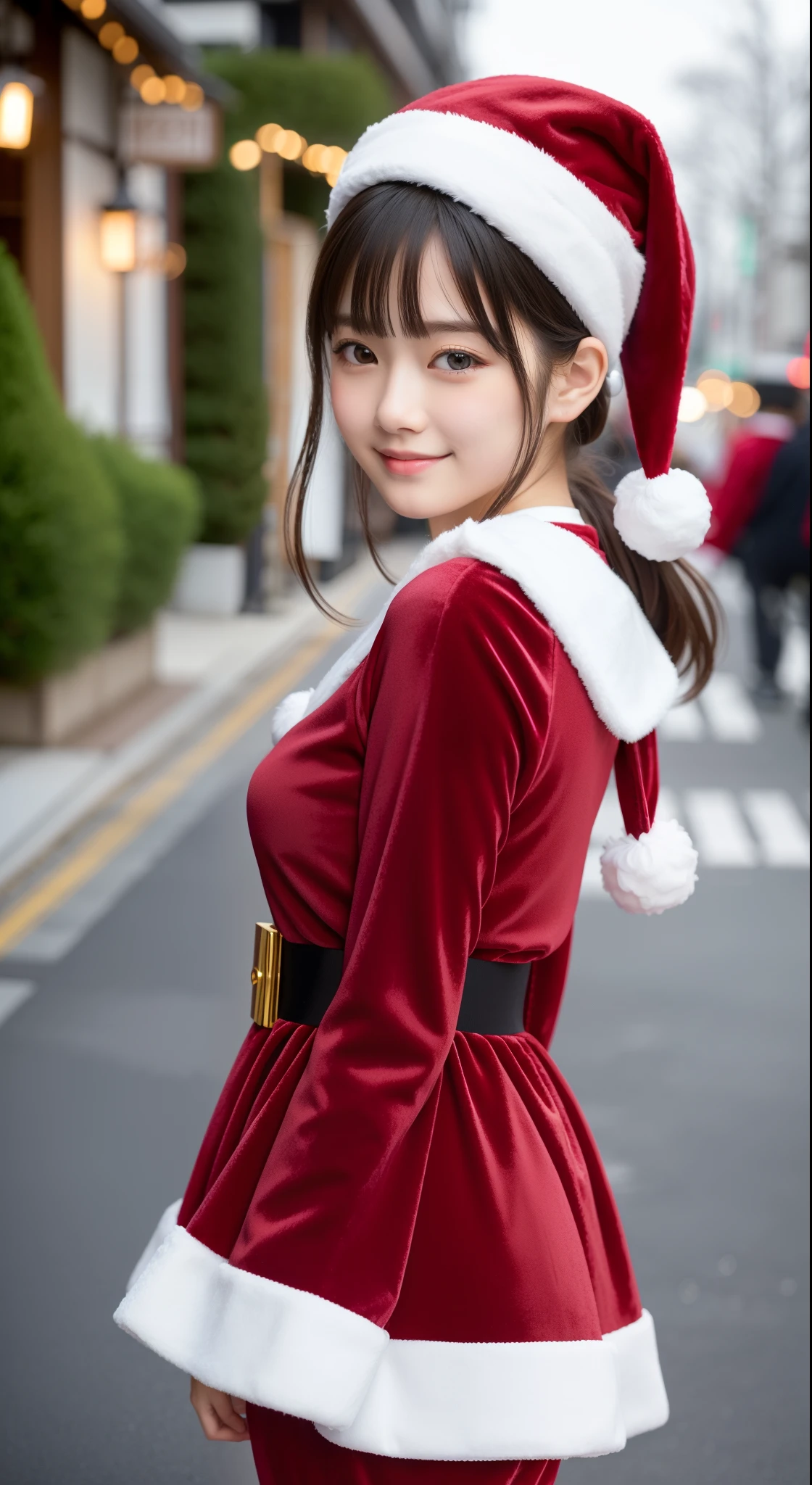 tre anatomically correct,Masterpiece of,High image quality,(Cute Santa Claus costumes:1.5),(The material of the costume is high quality velvet:1.4),(Emphasizes the fluffiness of the white part of the costume:1.4),20 years old, Japan Female, (Random posture:1.4),Professional Lighting,((Japan hair)),((Natural smile)),The ultra-detailliert、High quality textures、intricate detailes、detaileds、Very detailed CG、High quality shadows、Detail Beautiful delicate face、Detail Beautiful delicate eyes、depth of fields、Ray traching,1girl in, japanaese girl, Fashion Model, slender,Warm atmosphere,Outdoors with a Christmas atmosphere