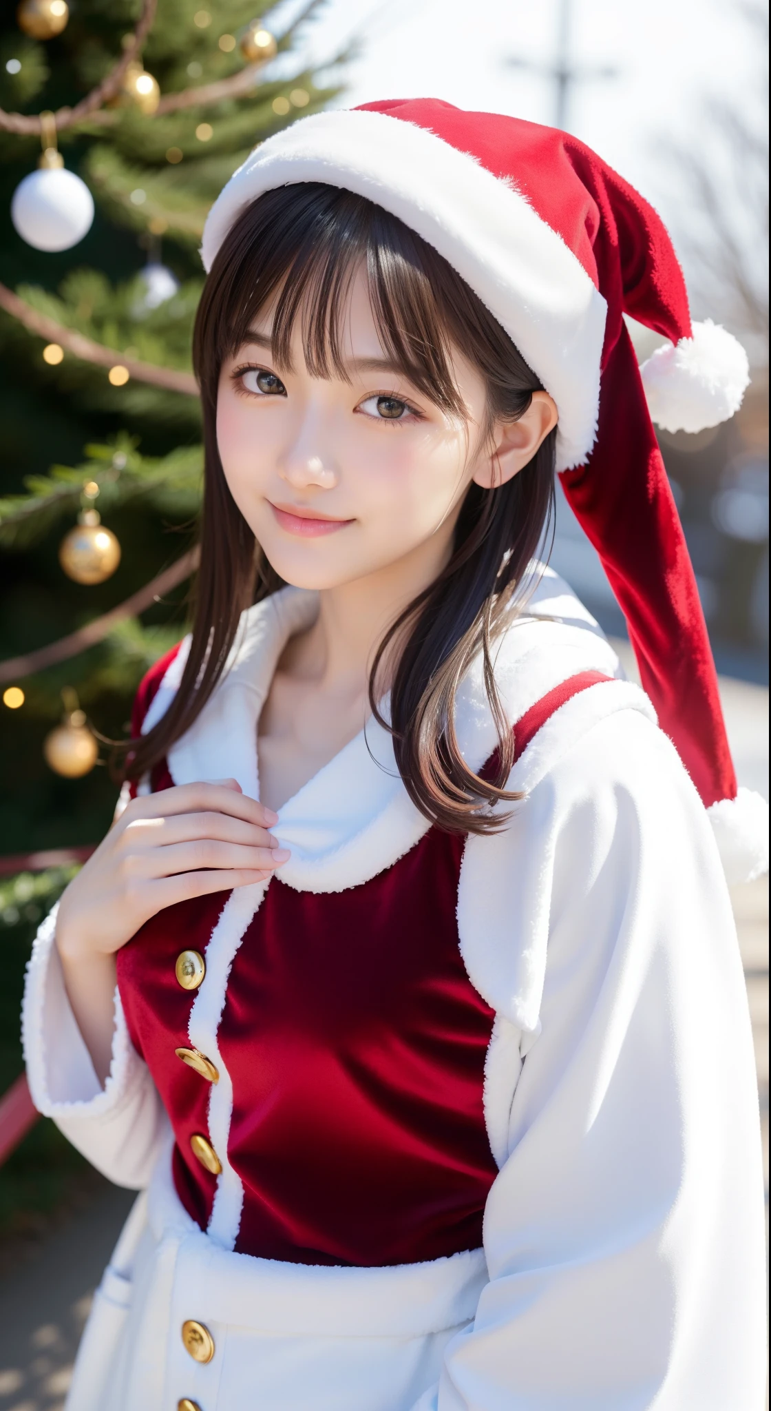 tre anatomically correct,Masterpiece of,High image quality,(Cute Santa Claus costumes:1.5),(The material of the costume is high quality velvet:1.4),(Emphasizes the fluffiness of the white part of the costume:1.4),20 years old, Japan Female, (Random posture:1.4),Professional Lighting,((Japan hair)),((Natural smile)),The ultra-detailliert、High quality textures、intricate detailes、detaileds、Very detailed CG、High quality shadows、Detail Beautiful delicate face、Detail Beautiful delicate eyes、depth of fields、Ray traching,1girl in, japanaese girl, Fashion Model, slender,Warm atmosphere,Outdoors with a Christmas atmosphere