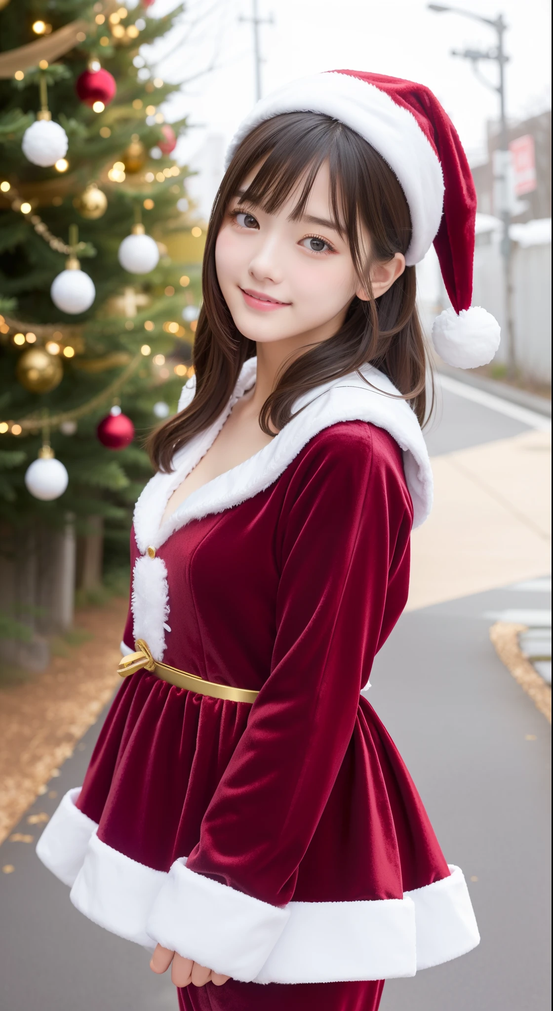tre anatomically correct,Masterpiece of,High image quality,(Cute Santa Claus costumes:1.5),(The material of the costume is high quality velvet:1.4),(Emphasizes the fluffiness of the white part of the costume:1.4),20 years old, Japan Female, (Random posture:1.4),Professional Lighting,((Japan hair)),((Natural smile)),The ultra-detailliert、High quality textures、intricate detailes、detaileds、Very detailed CG、High quality shadows、Detail Beautiful delicate face、Detail Beautiful delicate eyes、depth of fields、Ray traching,1girl in, japanaese girl, Fashion Model, slender,Warm atmosphere,Outdoors with a Christmas atmosphere