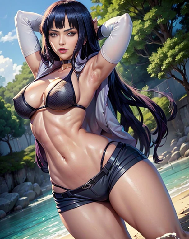 Hinata Hyuga, Extremamente Realista, extremamente sexy, muito linda, 8K, Extremamente linda, rosto lindo, micro bikini, pose de modelo sexy