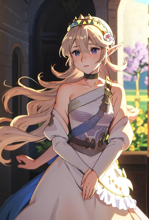 ZeldaTOTK , bangs, green eyes, hair between eyes, ahoge, blonde hair, star \(symbol\), hair ornament, dress, cleavage, bare shoulders, collarbone, long white elbow gloves, white gloves, white dress, white choker, strapless, tiara, veil, strapless dress, wedding dress, bridal veil, beautiful woman, perfect body, perfect breasts, wearing a wedding dress, ball gown, in the park trees, wedding decorations, a warm smile, realism, masterpiece, textured skin, super detail, high detail, high quality, best quality, 1080p, 16k