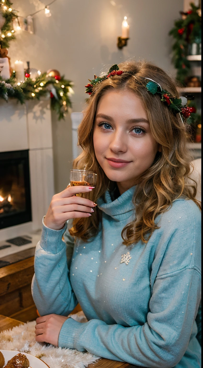A winter wonderland indoors - visualize a Christmas-themed photoshoot at home featuring a blonde girl with curly hair, stunning blue eyes, and a perfect physique adorned in winter comfy clothes, sweatpants, highlight the festive vibes with Christmas lights, decorations, table with Christmas decoration, fireplace, and the girl enjoying the holiday warmth, Photography, Sony A7III, 50mm f/1.8 lens