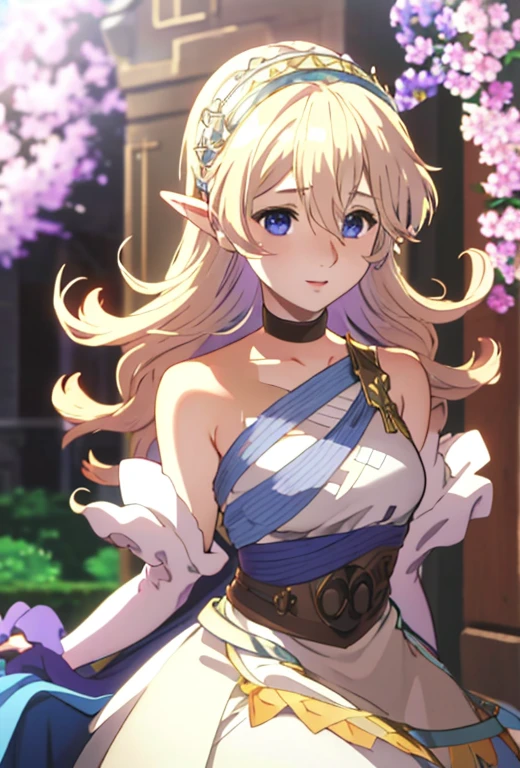 Masterpiece , solo , 1female , young , princess , short blonde hair with brown ombré hair , short pointy ears , blue eyes , pale skin , princess gown , castle background , soft smile expression , choker around neck , surrounded by lavender flowers