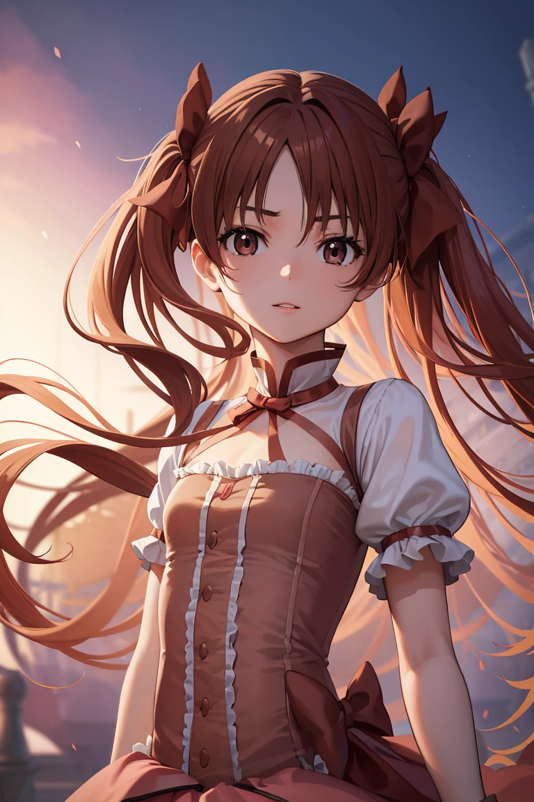 kurokoshirai, kuroko shirai, brown hair, long hair, (parted bangs:1.5), (brown eyes:1.7), twintails, hair bow, bow, red bow, (small breasts:1.2), twintails, looking at viewer,upper body, (masterpiece:1.2), best quality, high resolution, unity 8k wallpaper, (illustration:0.8), (beautiful detailed eyes:1.6), extremely detailed face, perfect lighting, smile, parted lips, (madoka outfit)