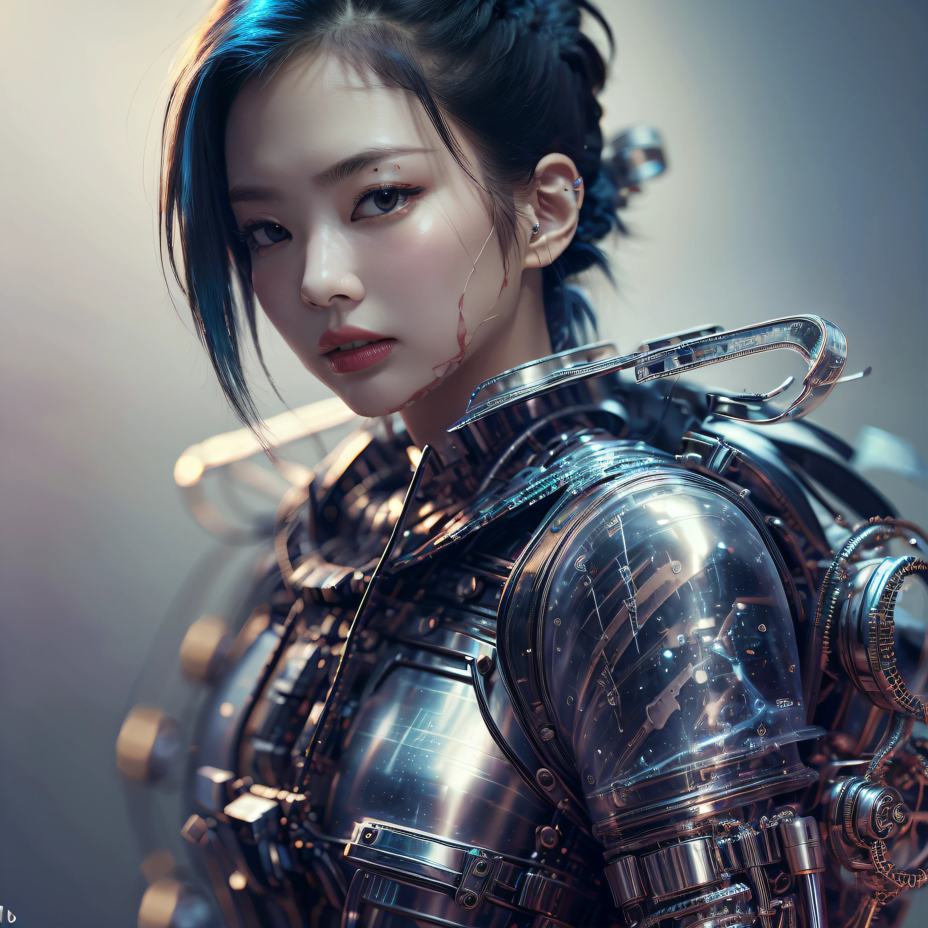 bright eyes,  super detailed, black short hair, blood and wounds, stab wounds on body, dirty clothes, Jennie Kim, 30 yrs old girl, cyberpunk suit, blue hair, side view post, cyborg body,