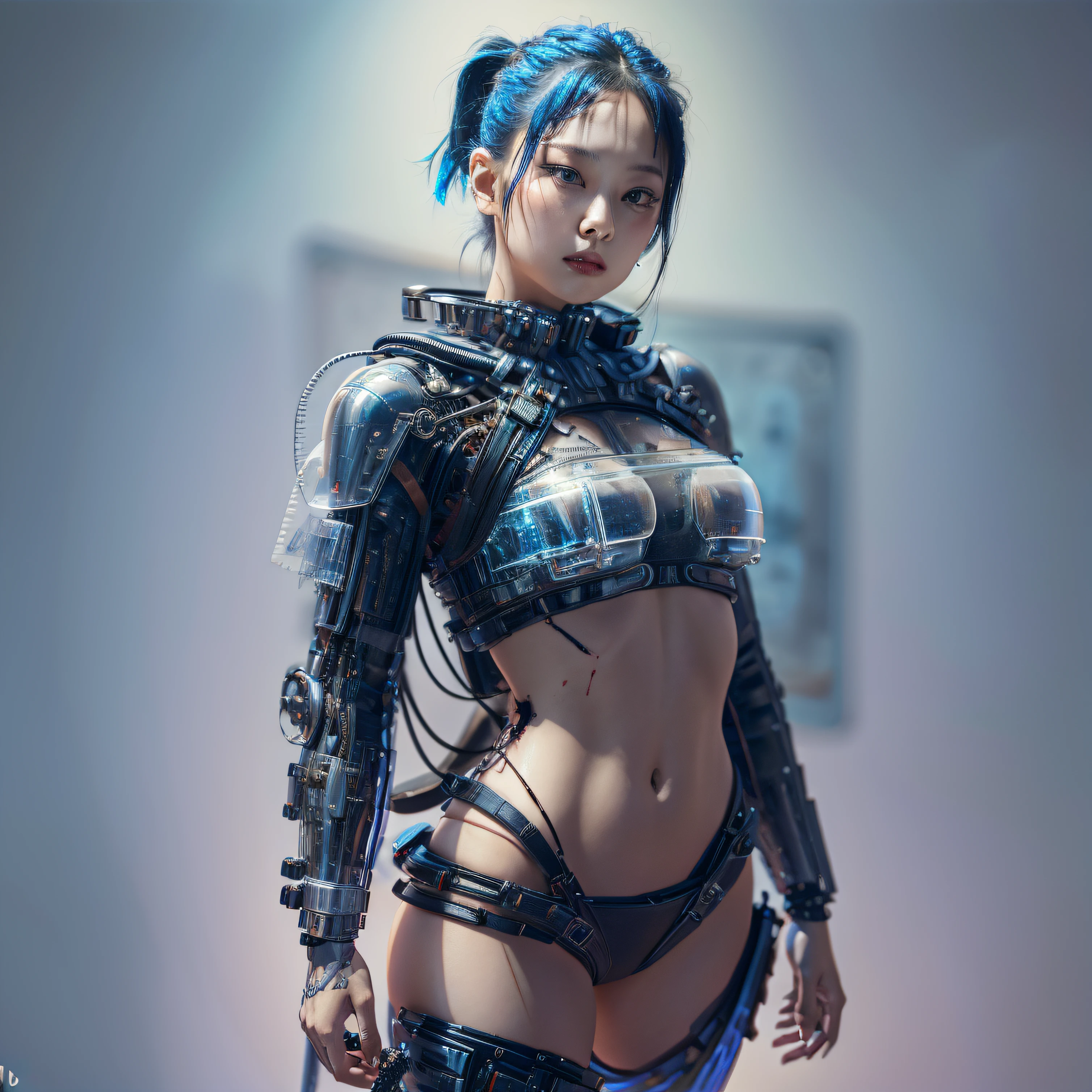 bright eyes,  super detailed, black short hair, blood and wounds, stab wounds on body, dirty clothes, Jennie Kim, 30 yrs old girl, cyberpunk suit, blue hair, side view post, cyborg body,