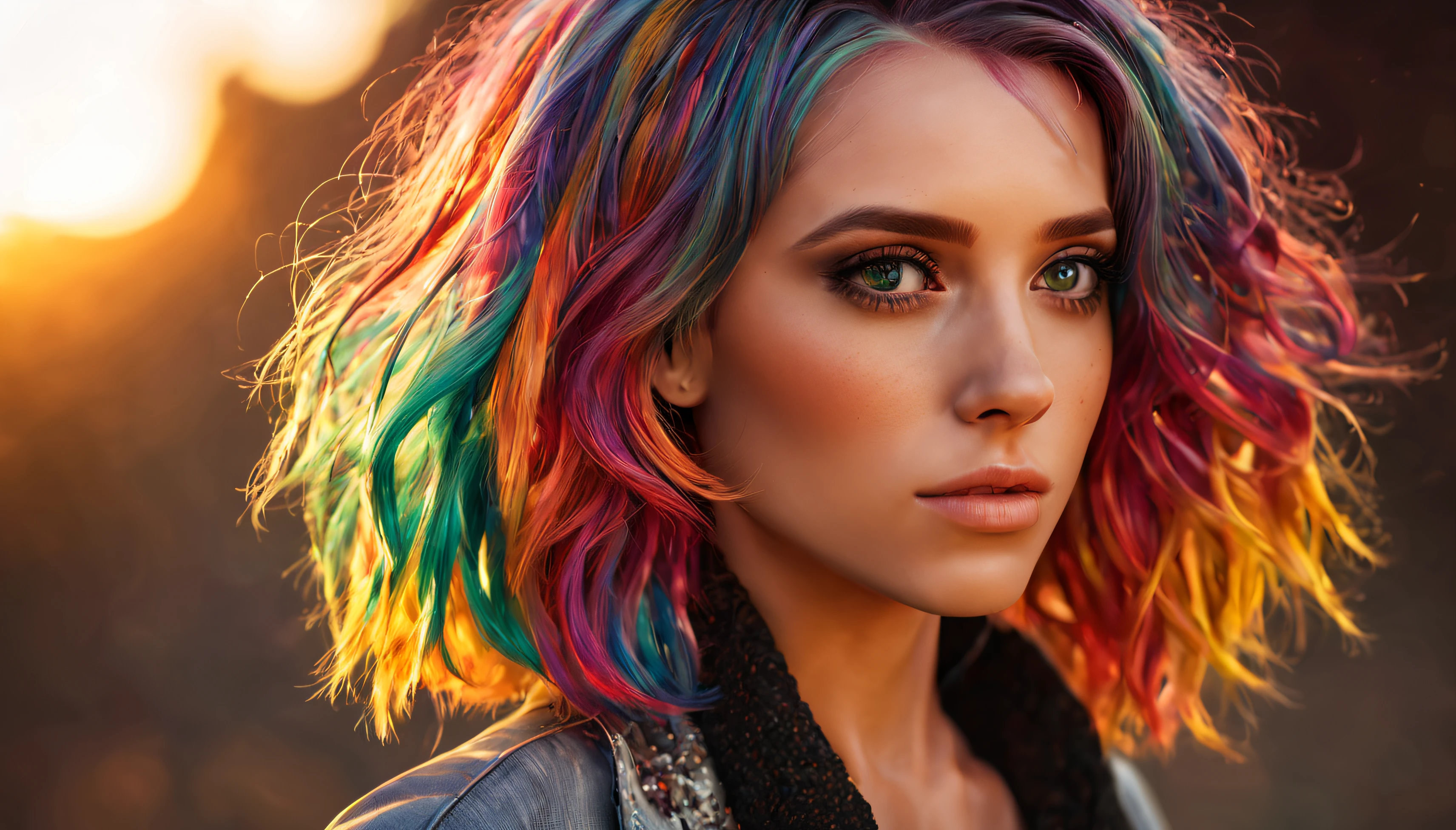 {{masterpiece}}, best quality, extremely detailed CG unity 8k wallpaper, cinematic lighting, lens flare, beautiful detail eyes, black,  side glance,  multicolor hair, colorful light, particles, heterochromia, (colorful:1.5), (colorful hair:1.5), posing for a sexy photo