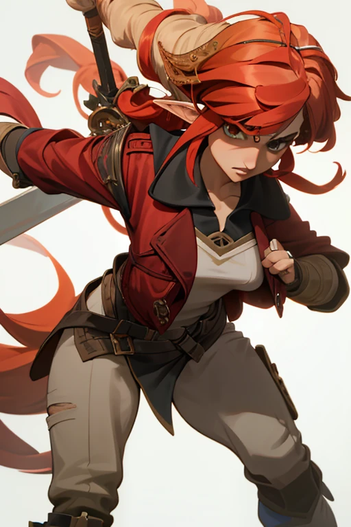 best quality, masterpiece, 4k, ****ung female elf warrior with a very detailed long hair, ((intricate hairstyle:1.3)), half up half down pony tail, (((ginger hair))), pale skin, wearing ripped leather armor ,  red jacket,