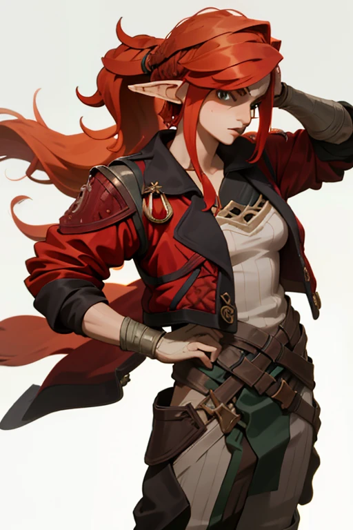 best quality, masterpiece, 4k, ****ung female elf warrior with a very detailed long hair, ((intricate hairstyle:1.3)), half up half down pony tail, (((ginger hair))), pale skin, wearing ripped leather armor ,  red jacket,