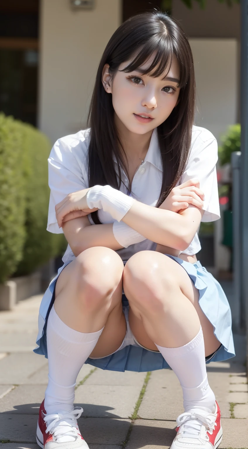 very slender legs、a beauty girl, Beautiful girl, Slender body, Realistic, extremely detailed CG unified 8k wallpaper, High-definition raw color photos, professional photograpy, Realistic portrait, Beautiful detailed girl, (Beautiful small breasts:), (Check skirt:1.2), (Squatting:1.5), (ankle socks and white sneakers:1.5) , School Girl, (Best Quality:1.4), Super Detail, High quality, masutepiece, (View from below:1.2)、White underwear、a baby fght smil、Put your hands on your knees、An ultra-high picture quality、panty focused、Squat down with your heels on the ground、