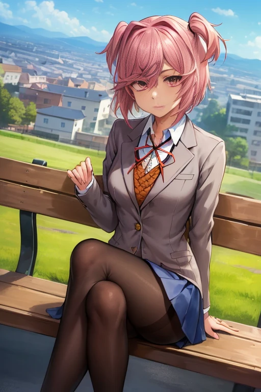 2d, masterpiece, best quality, anime, highly detailed, cowboy shot, 1girl, solo, natsuki, pink eyes, two side up, hair ornament, short hair, blazer, brown sweater, collared shirt, neck ribbon, blue skirt,   looking at viewer, street city background. ((black pantyhose)), :), ((view from bellow:1.4)), ((sky from bellow)), ((show feets:1.4)), ((sitting on bench)), crossed legs, school shoeinger on moutch))