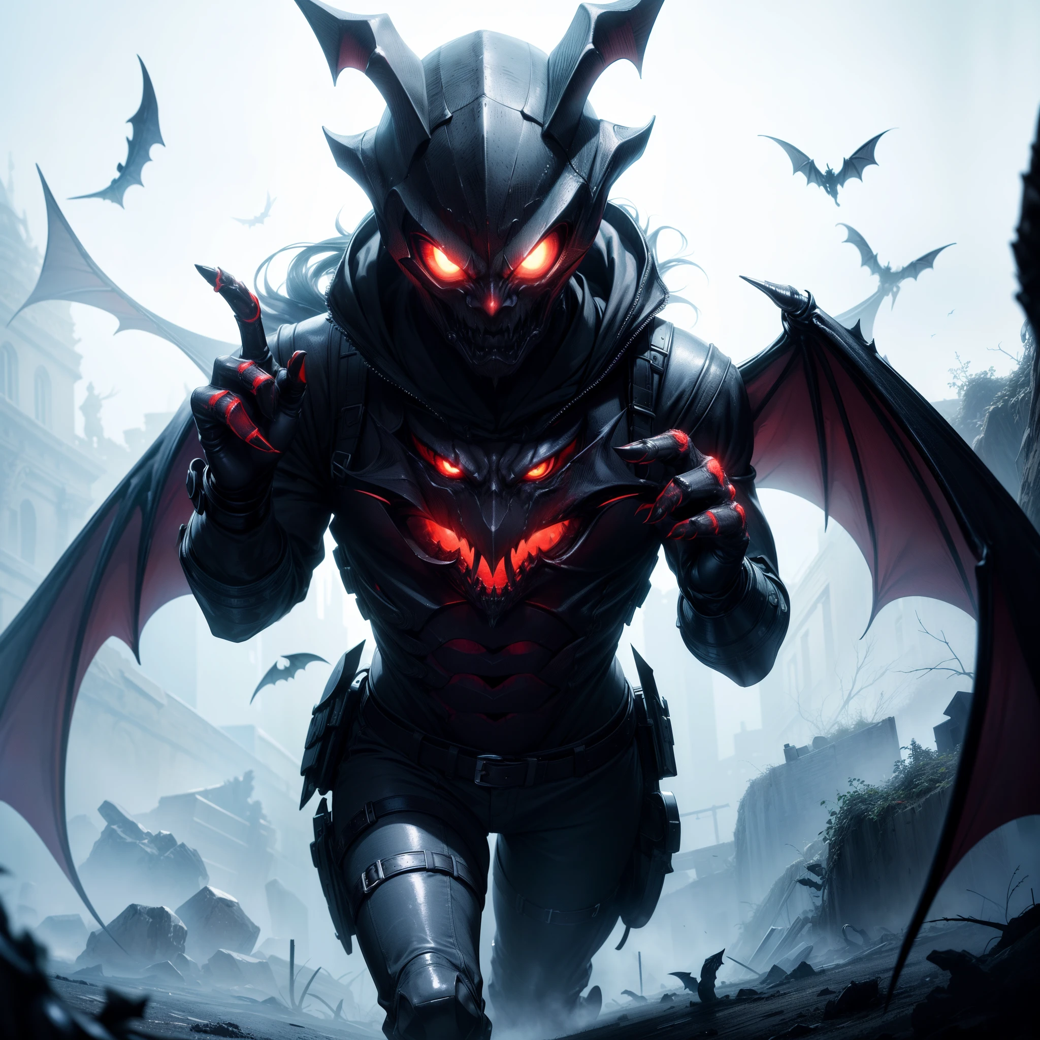 (masterpiece), (ultra-detailed), (masterpiece), (best-quality), (ultra-detailed), shadowy figure, dark lightning, high contrast, spectral wings, bat wings, red eyes, hovering in the air, staring at the viewer, horror-theme, monster, creature, humanoid, claws, pointed feet, dark helmet, demonic horns, eldritch horror
