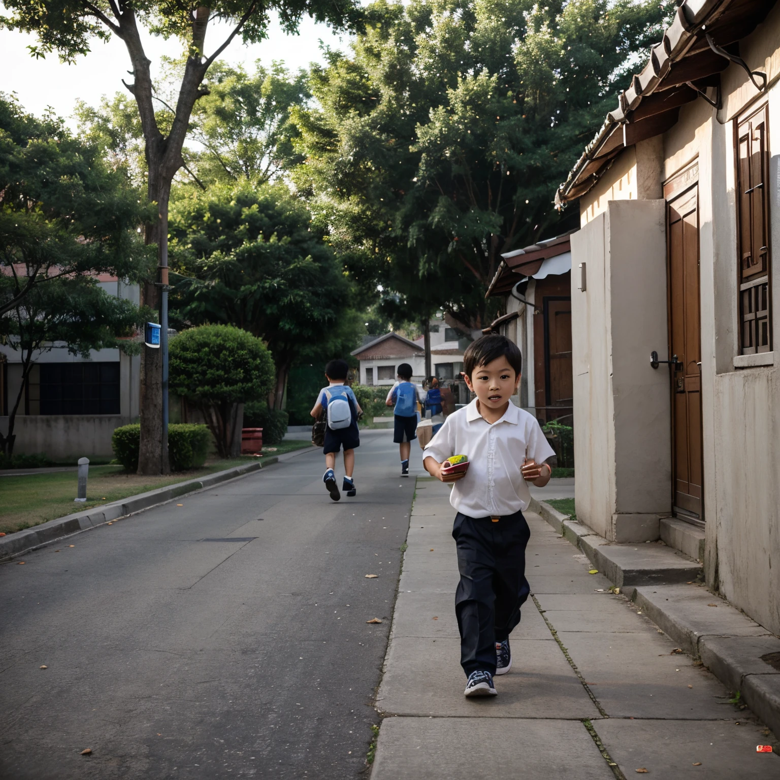 Little Chinese boys being chased by parents with homework in their hands