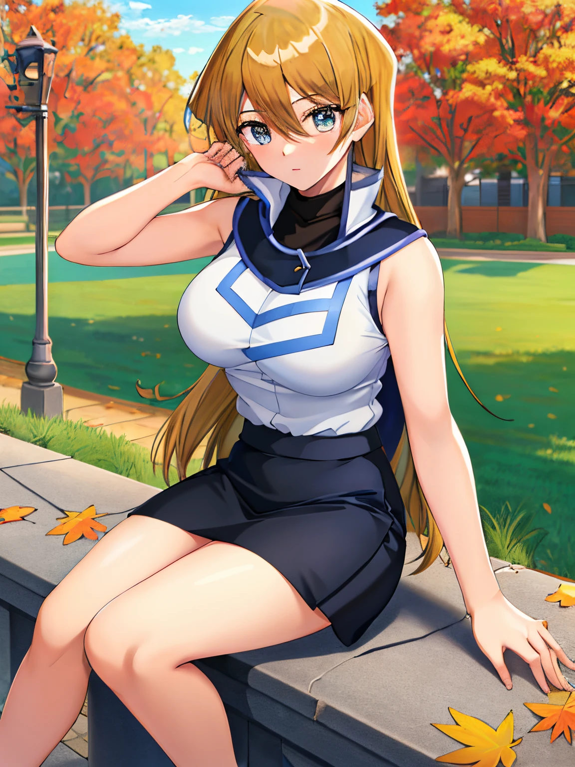 beautiful, (masterpiece:1.2), (best quality:1.2), perfect eyes, perfect face, perfect lighting, 1girl, solo, outdoors, massive breasts, tenjouin asuka, academy uniform, long tight black pencil skirt, sleeveless, location: academy, schoolyard, standing straight, full body, sitting on guardrail, autumn,