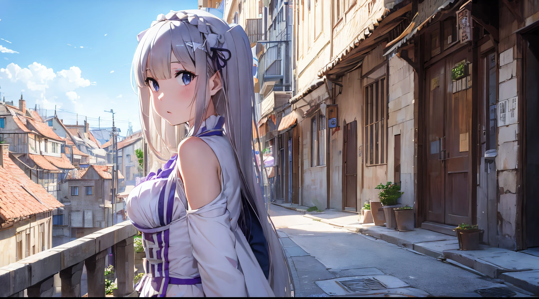 re:zero, big medieval city, detailed, masterpiece, emilia, gray hair, hair fluttering in the wind, amazing sky, 8kб side view, new season