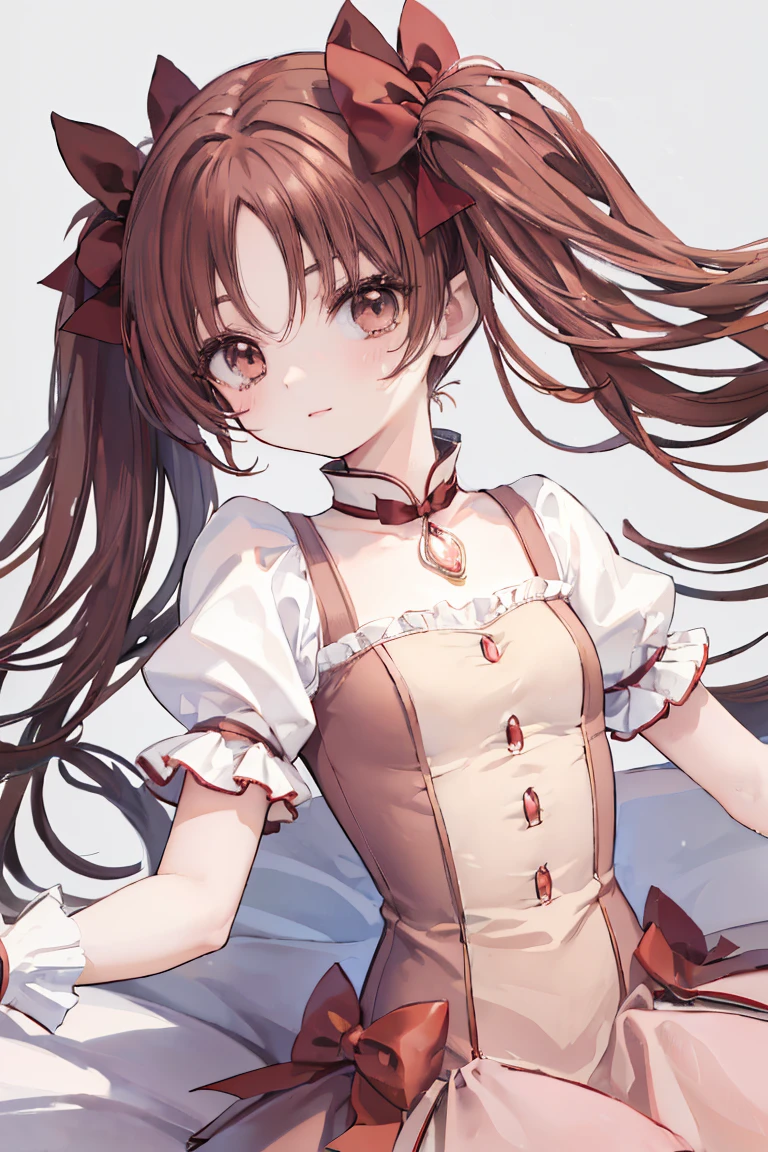 kurokoshirai, kuroko shirai, brown hair, long hair, (parted bangs:1.5), (brown eyes:1.7), twintails, hair bow, bow, red bow, (small breasts:1.2), twintails, looking at viewer,upper body, (masterpiece:1.2), best quality, high resolution, unity 8k wallpaper, (illustration:0.8), (beautiful detailed eyes:1.6), extremely detailed face, perfect lighting, smile, parted lip (madoka outfit)