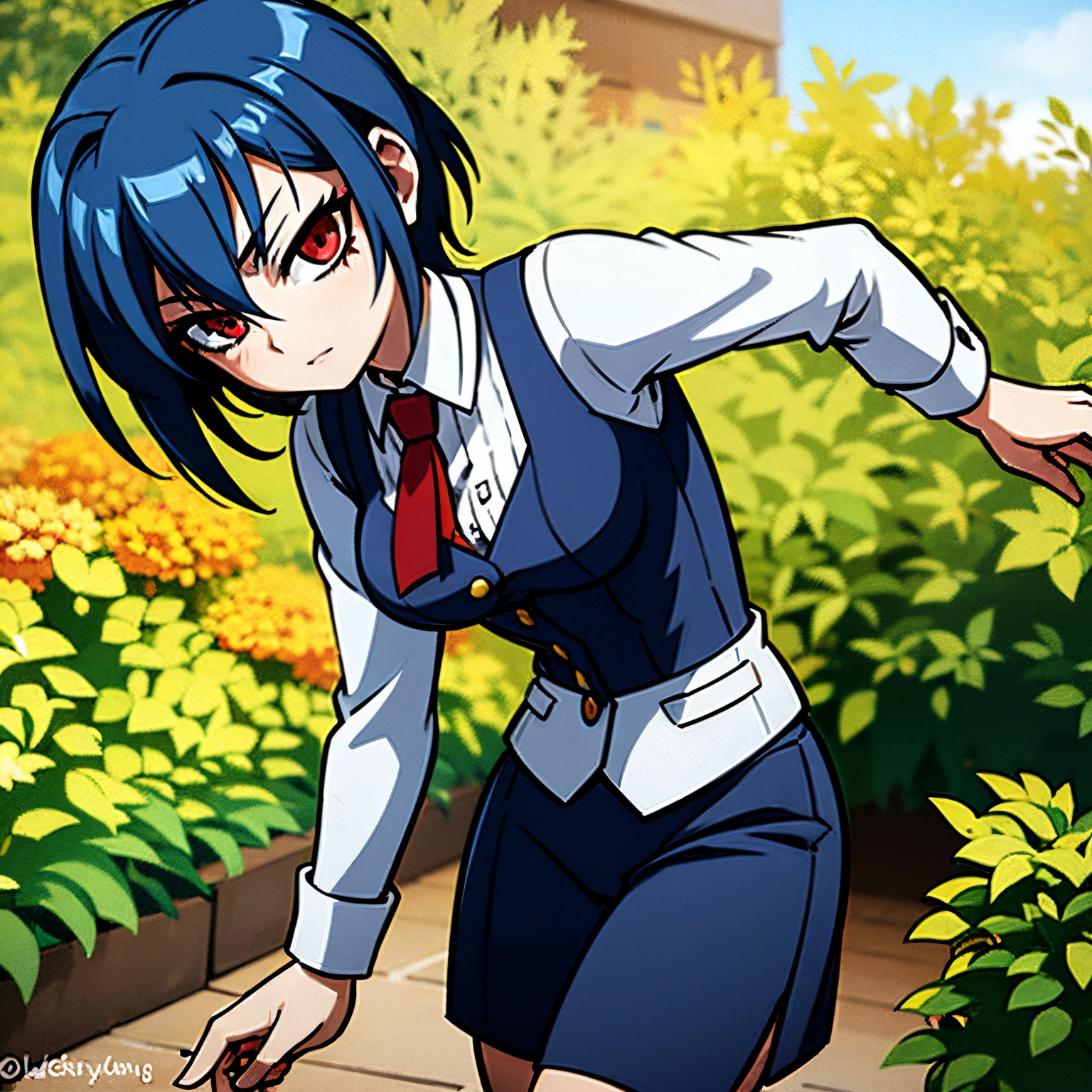 girl with blue hair, green hair locks, red eyes, short hair, student uniform, in a garden, standing, school in the background of the scene, detailed location, easy positive, masterpiece, 4k, good anatomy,