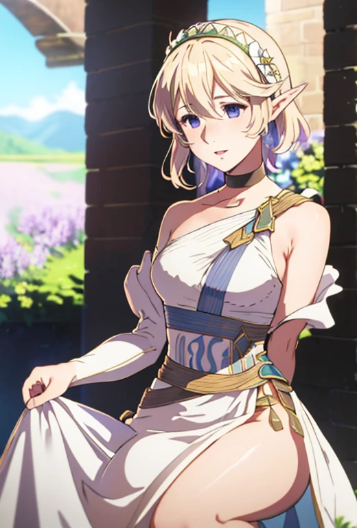 Masterpiece , solo , 1female , young , princess , short blonde hair with brown ombré hair , short pointy ears , blue eyes , pale skin , white long dress with slit down the front , castle background , soft smile expression , choker around neck , surrounded by lavender flowers
