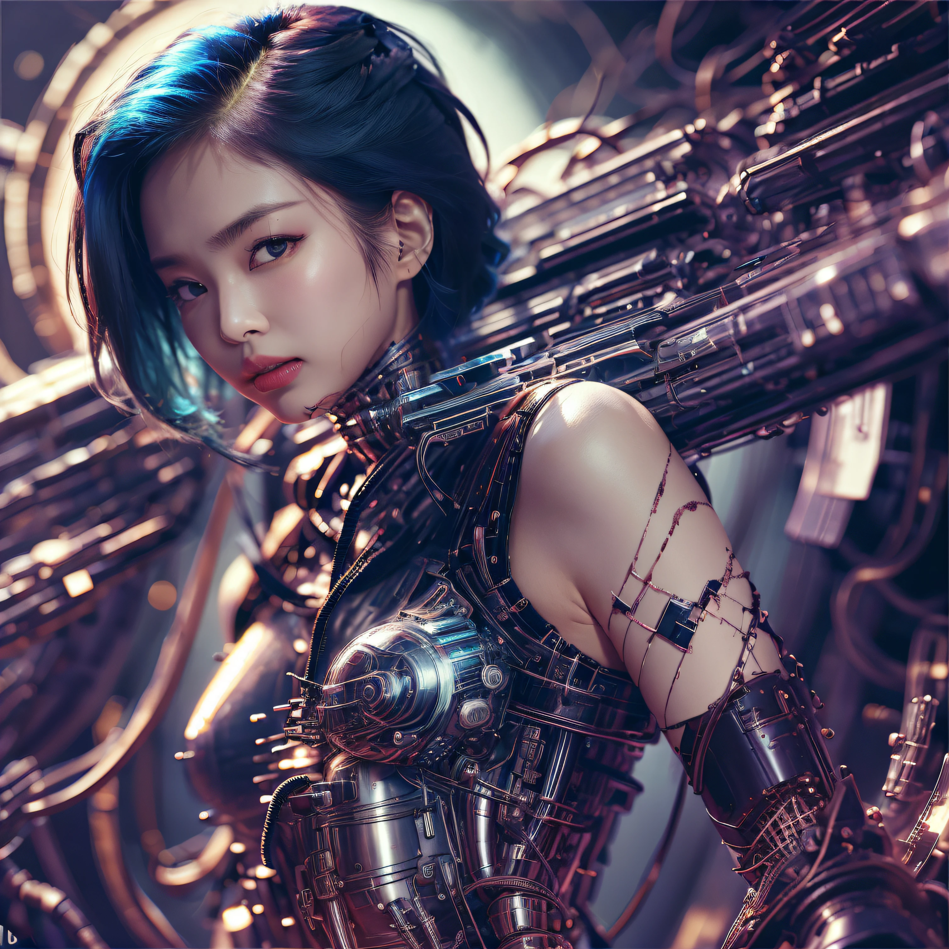 bright eyes,  super detailed, black short hair, blood and wounds, stab wounds on body, dirty clothes, Jennie Kim, 30 yrs old girl, cyberpunk suit, blue hair, side view post, cyborg body,