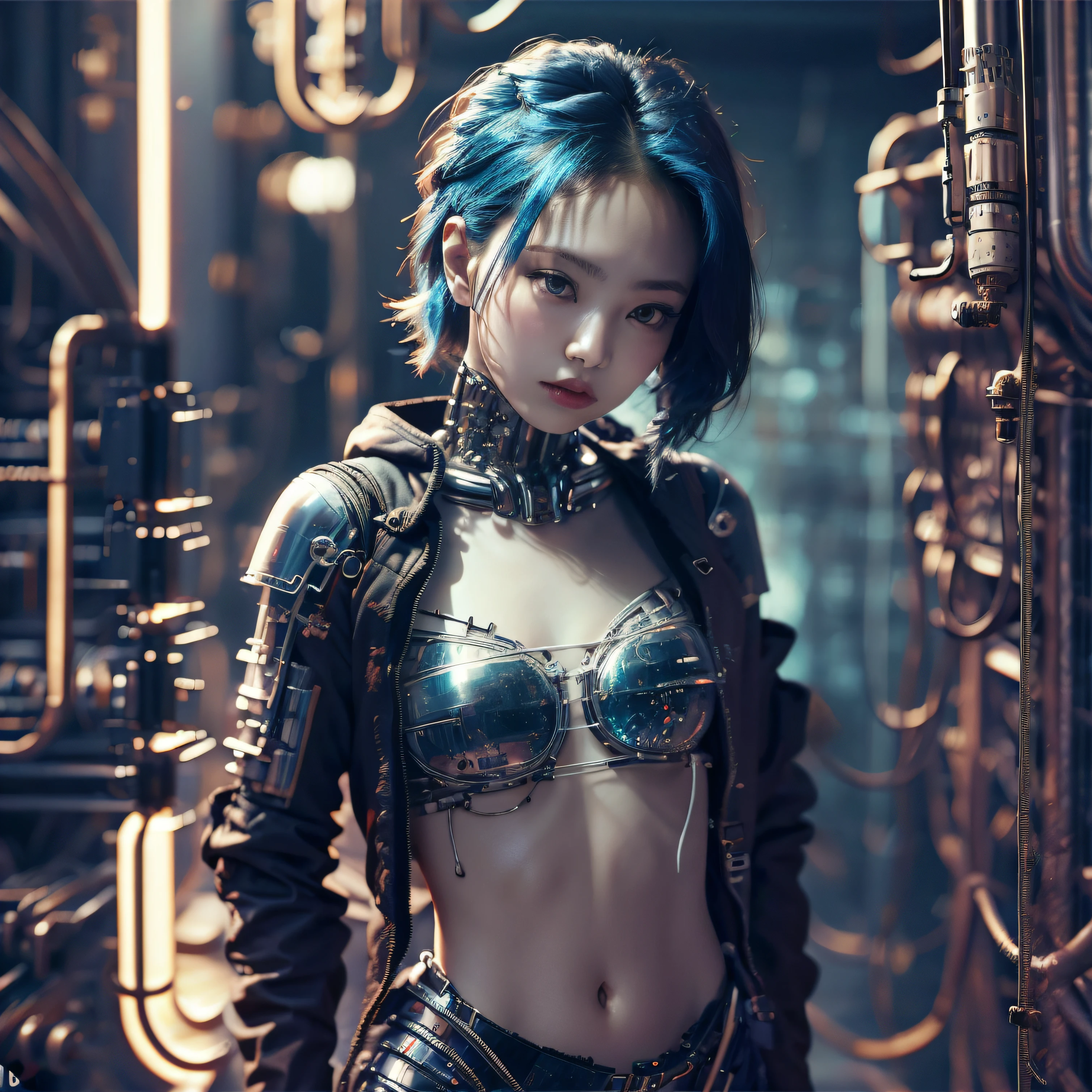 bright eyes, super detailed, black short hair, blood and wounds, stab wounds on body, dirty clothes, Jennie Kim, 30 yrs old girl, cyberpunk suit, blue hair, side view post, cyborg body,