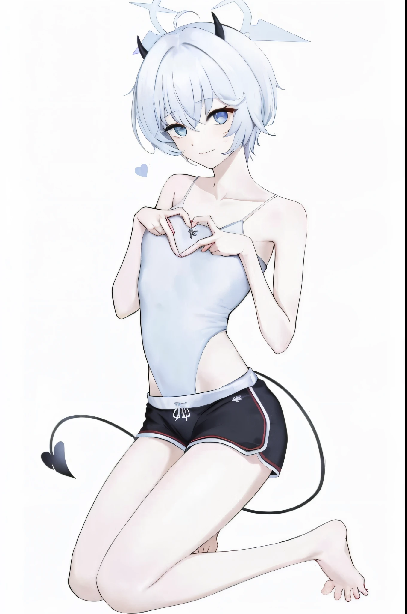 anime girl with horns and tail  a heart with her hands, neferpitou, rei ayanami, ayanami, rogue anime girl ayanami rei, rem rezero, gapmoe yandere, kaworu nagisa, seductive anime girl, girl with short white hair, by Shitao, white cat girl, attractive anime girl, anime full body illustration