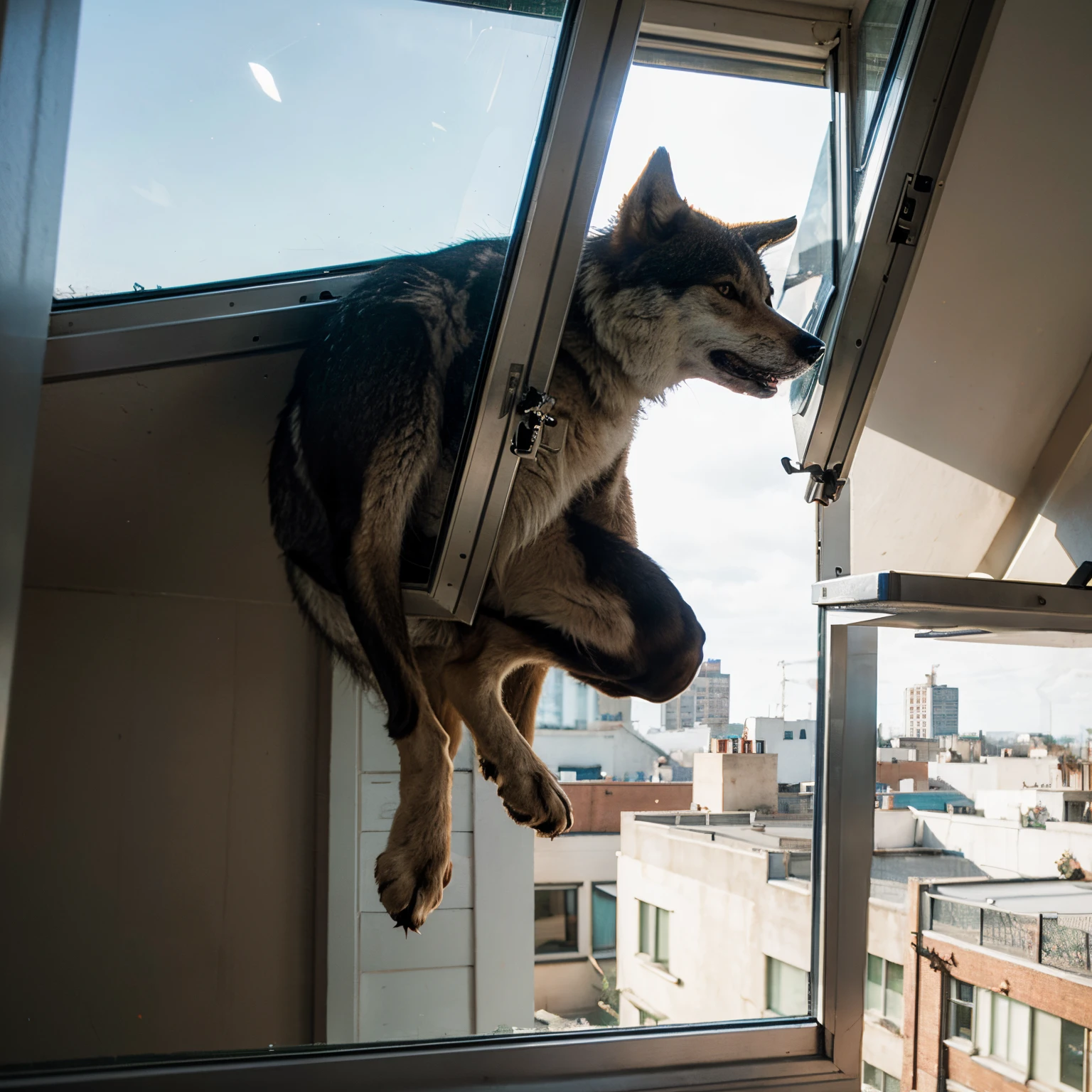 Wolf jumping out of window