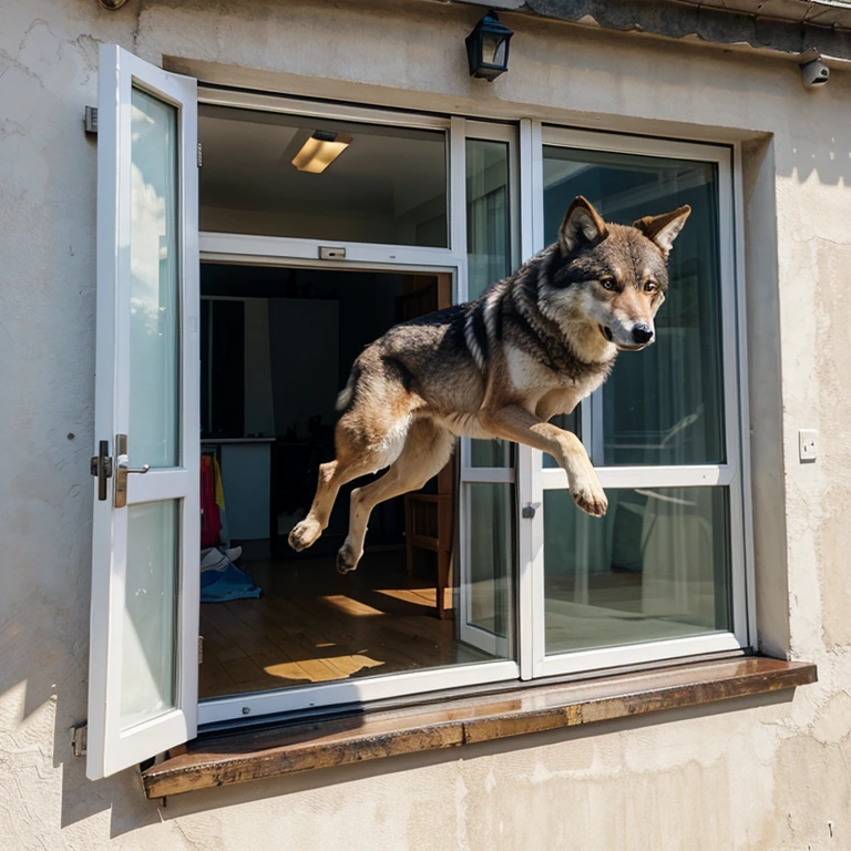 Wolf jumping out of window