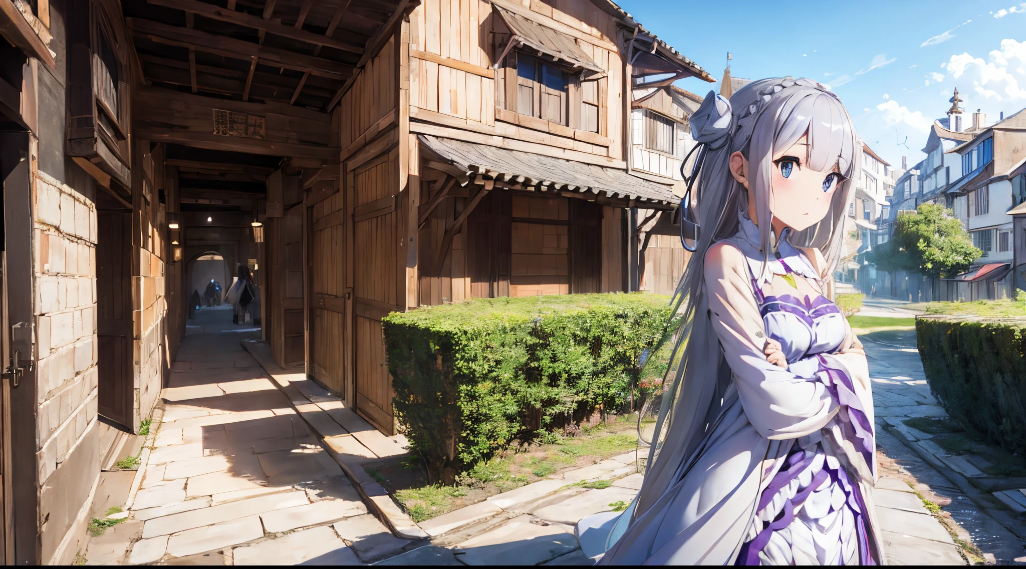 re:zero, big medieval city, detailed, masterpiece, emilia, gray hair, hair fluttering in the wind, amazing sky, 8kб side view, new season